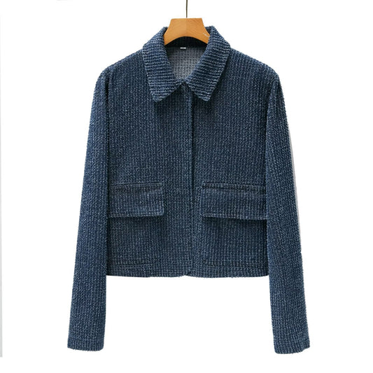 Collar long sleeved pocket decorative texture denim jacket for women