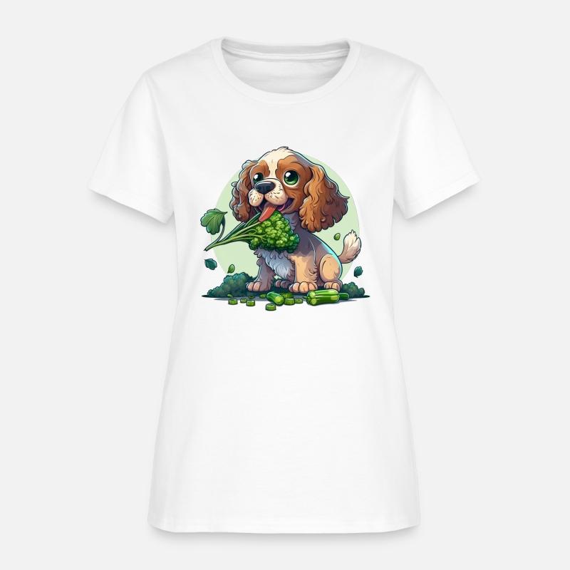 Cute dog eats broccoli vegetables