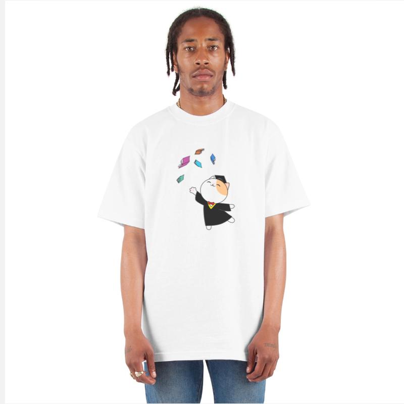 Graduation cat throws books flying in the air