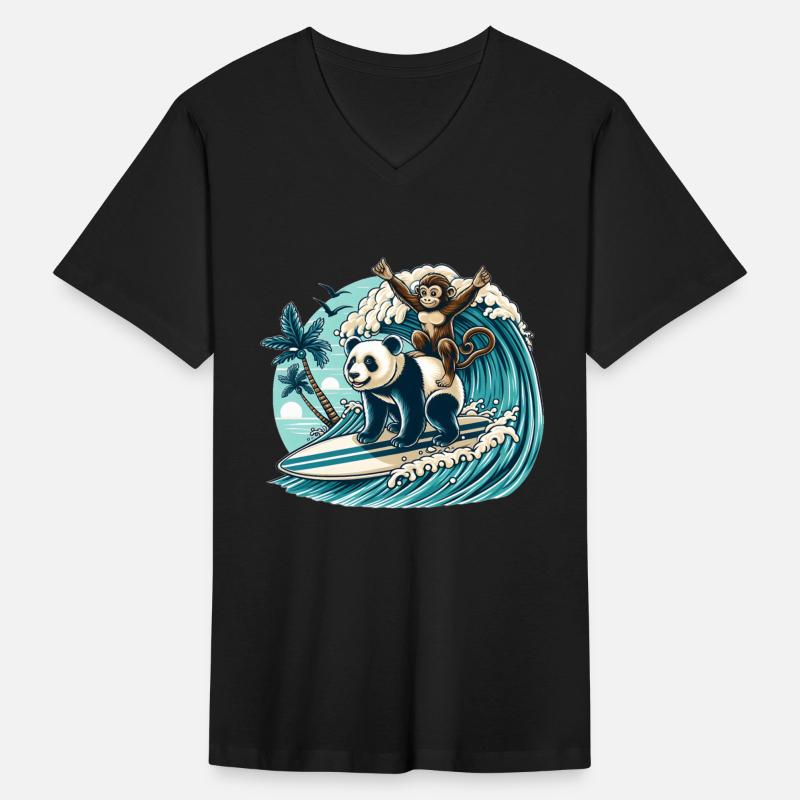 Monkey Riding Panda Surfing Wave