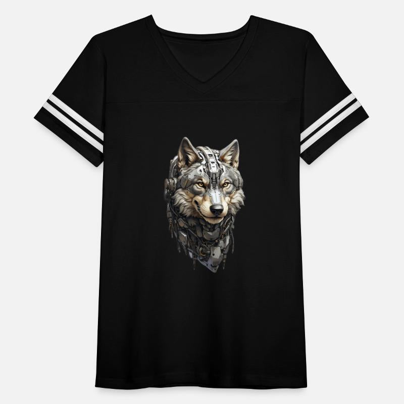 The head of a gray robotic Gray Wolf is looking