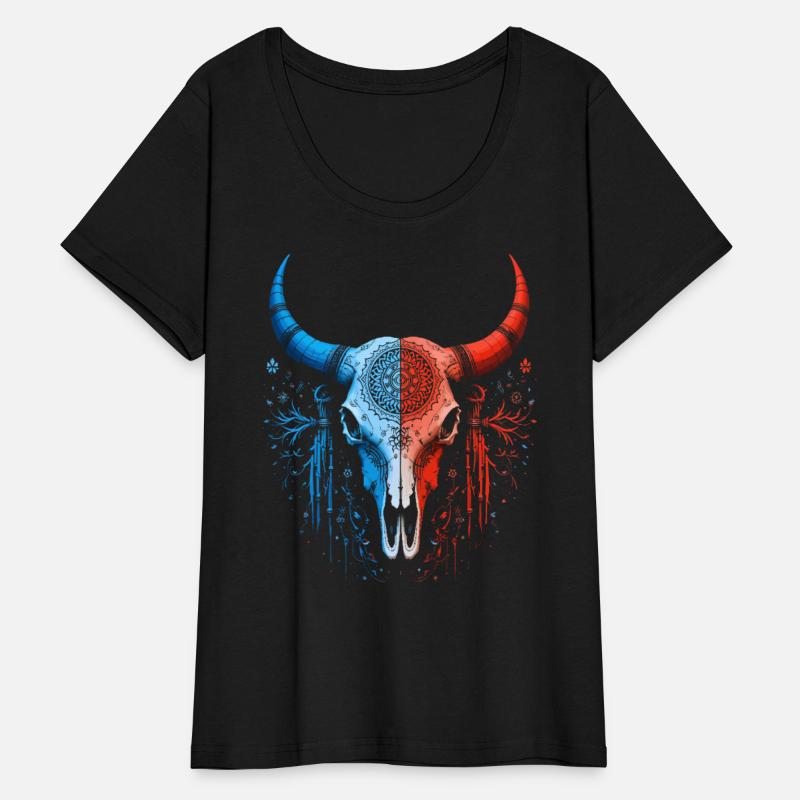 Tribal Skull Design Red Blue Split Art Shirt